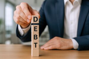 A businessman stacking cubes spelling debt to represent 'business debt help'