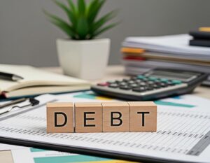 An office with paperwork, a calculator and a sign saying debt to represent 'business debt help'