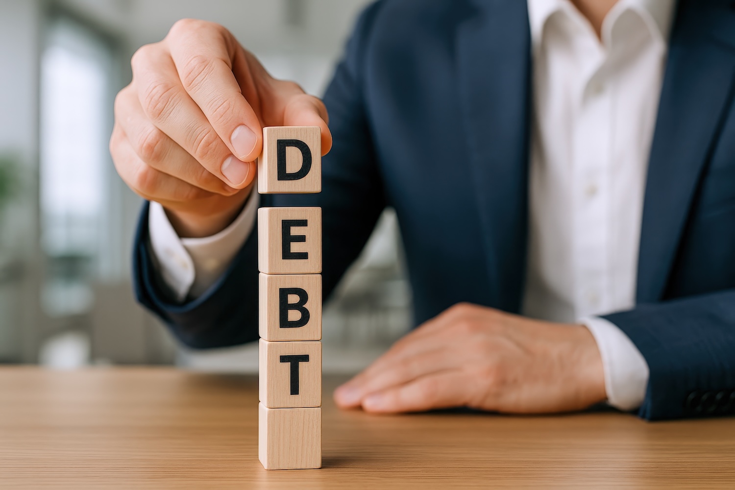 A businessman stacking cubes spelling Debt to represent 'business debt help'