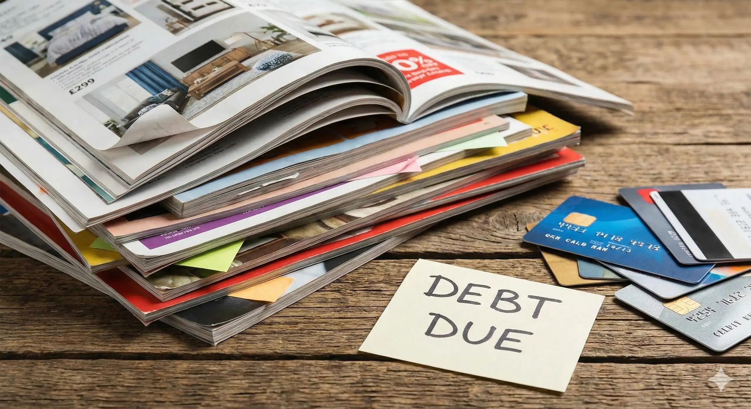 A disorderly stack of open shopping catalogues resting on a wooden table, accompanied by scattered credit cards and a yellow sticky note reading 'DEBT DUE'.
