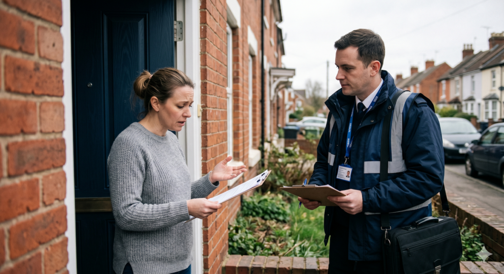 Woman answering door to a debt collector asking can bailiffs refuse a payment plan
